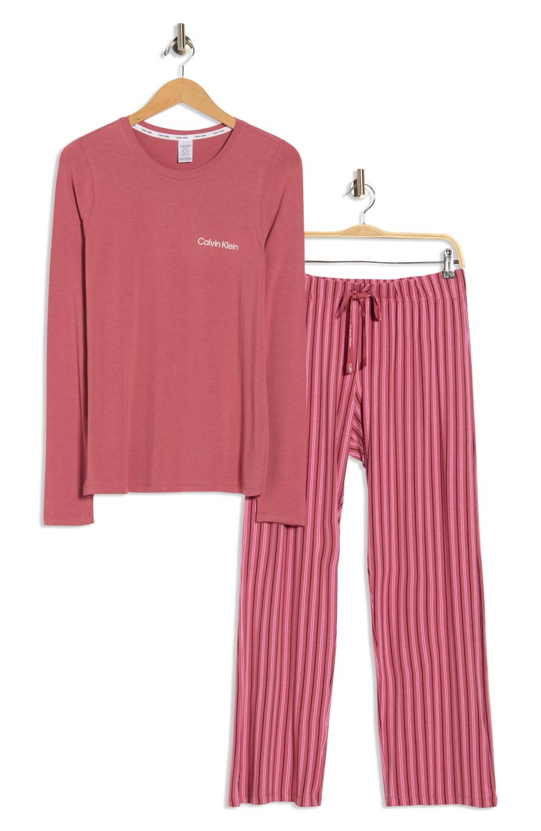 Calvin Klein Logo Long Pajamas, Alternate, color, Rose Wine/ Stripe
