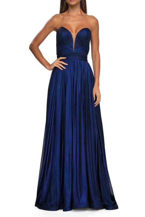 Flowy Metallic Net Jersey Prom Dress with Intricate Ruched Bodice