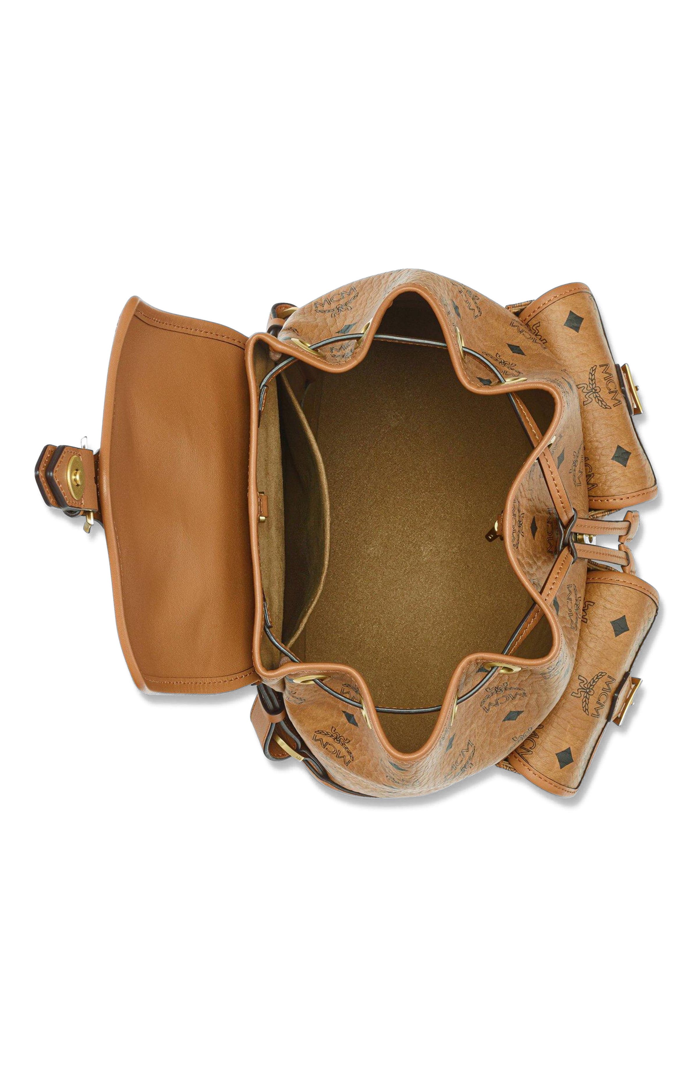 MCM Small Aren Drawstring Backpack in Visetos, Alternate, color, Brown