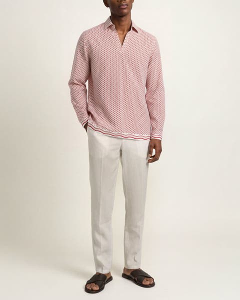 Ridley Linen Printed Linen Resort Shirt In White Sand And Vermillion