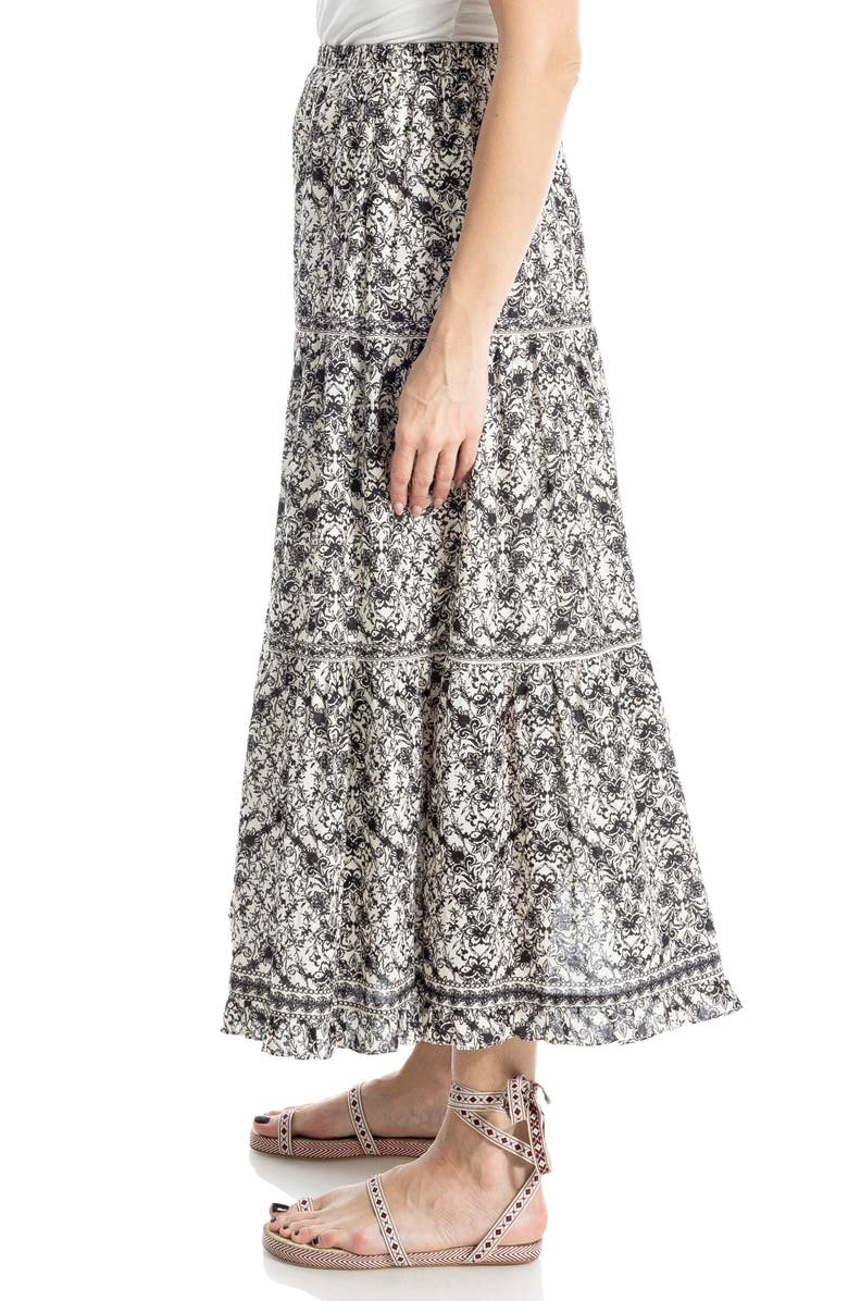 MAX STUDIO Floral Wreath Print Tiered Cotton Blend Maxi Skirt, Alternate, color, Bkcmbqwv-Black/ Cream