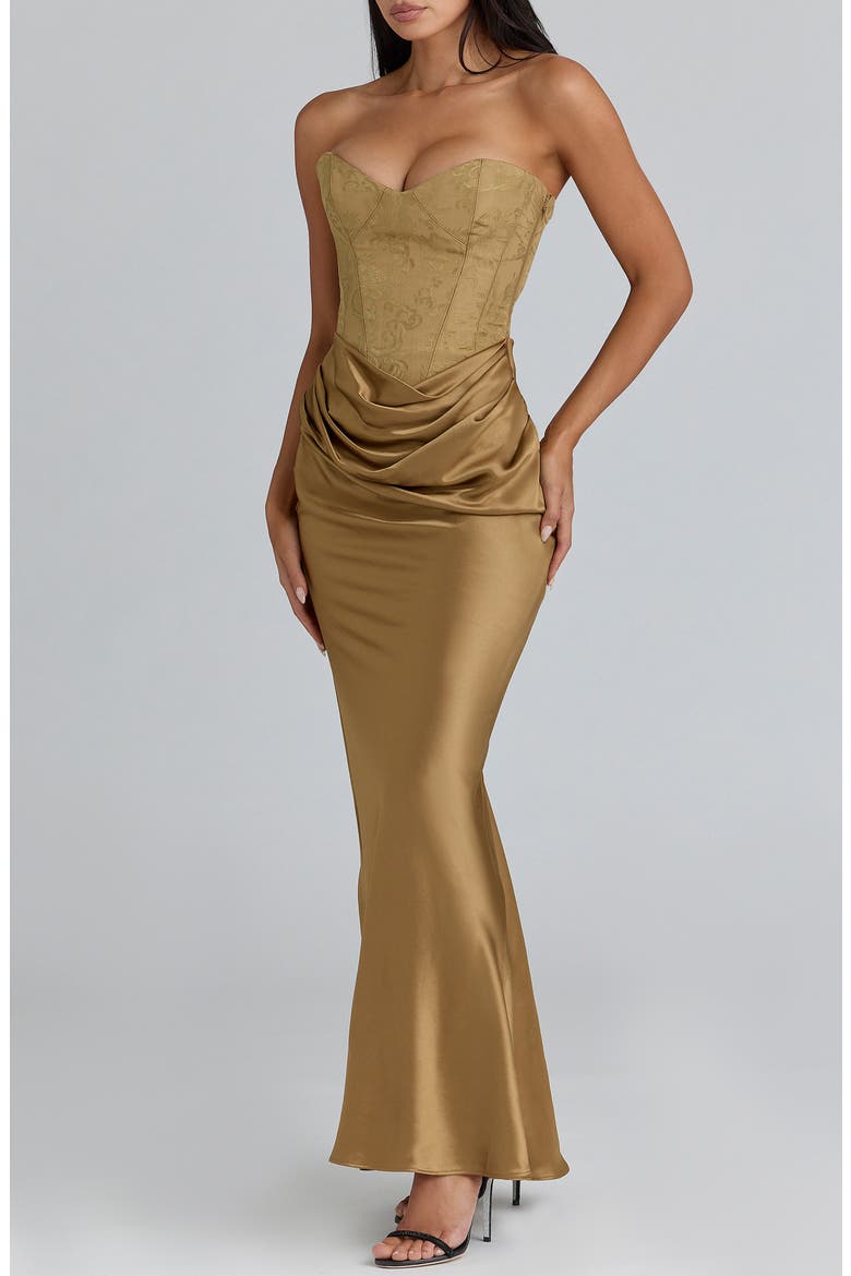 Aurelia Corset Bodice Strapless Satin Gown, Alternate, color, BRONZE