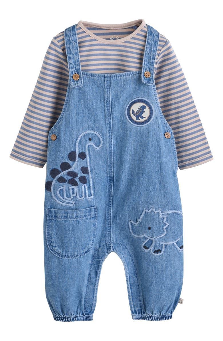 NEXT Dinosaur Denim Overalls & Stripe Top Set, Main, color, Blue