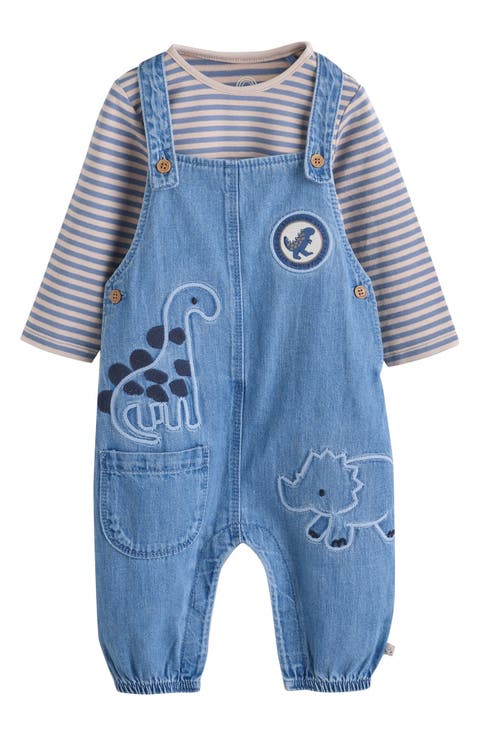 Dinosaur Denim Overalls & Stripe Top Set (Baby)