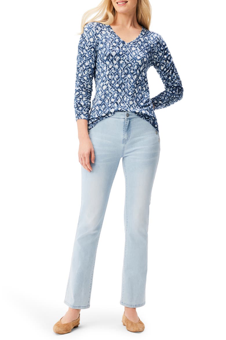 Sweet Dreams Batik Print Ruched Sleeve V-Neck Top, Alternate, color, BLUE MULTI