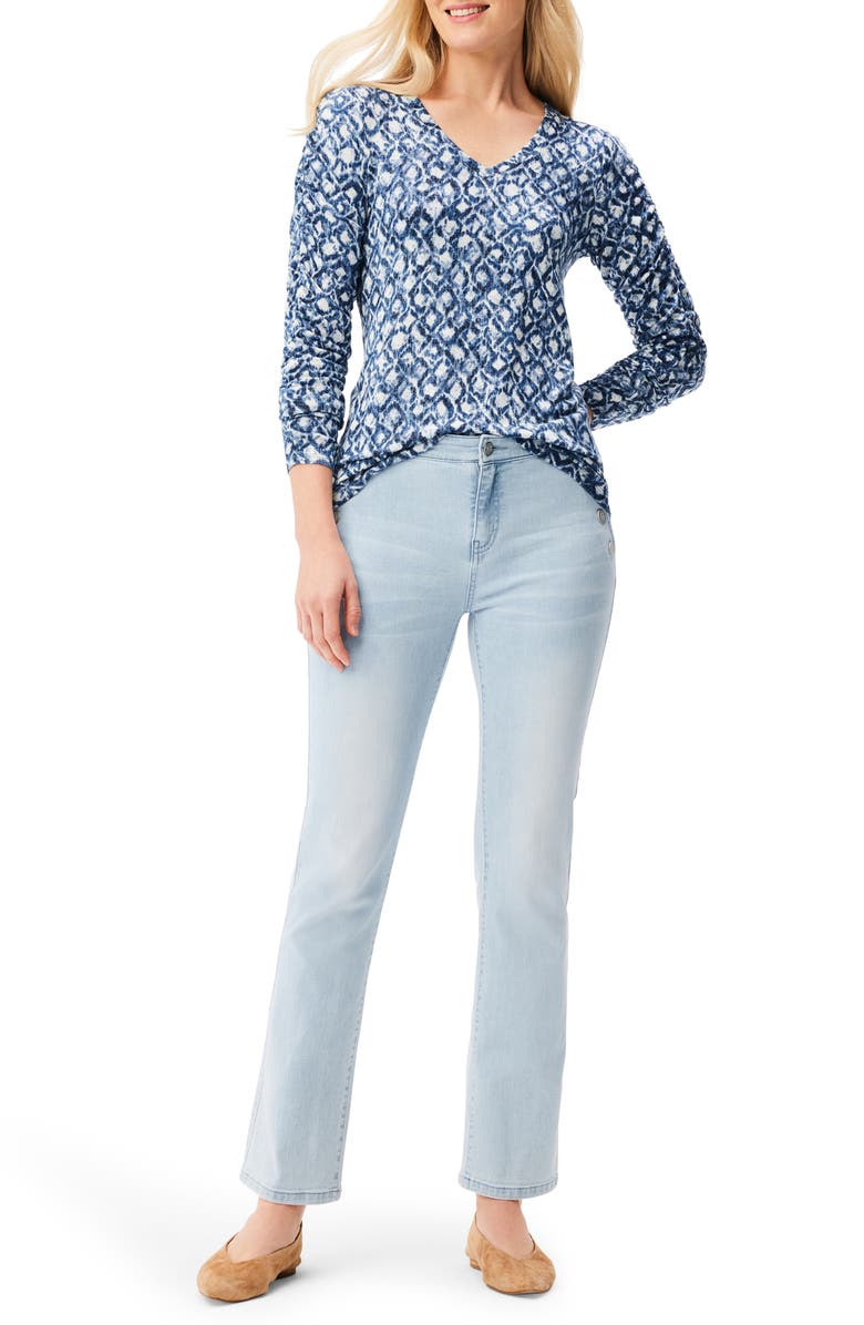 NZT by NIC+ZOE Sweet Dreams Batik Print Ruched Sleeve V-Neck Top, Alternate, color,