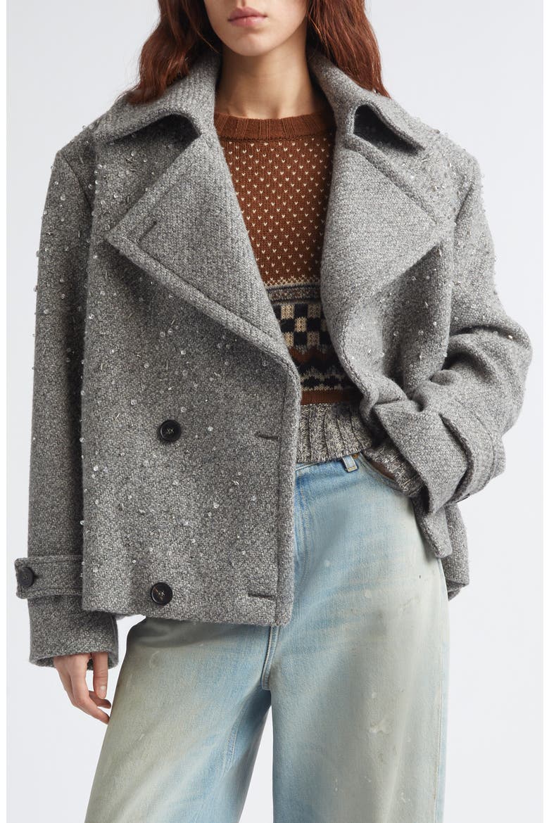 Crystal Embellished Wool Short Trench Coat, Main, color, MELANGE GREY