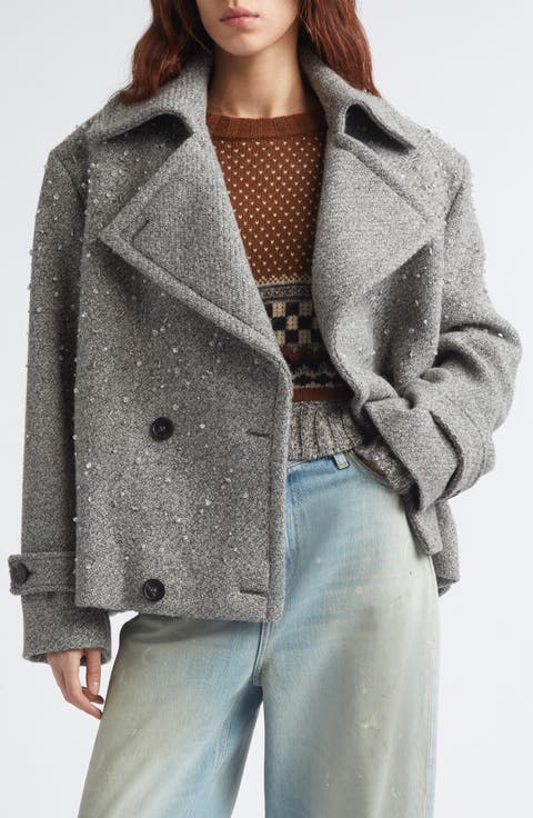 Crystal Embellished Wool Short Trench Coat