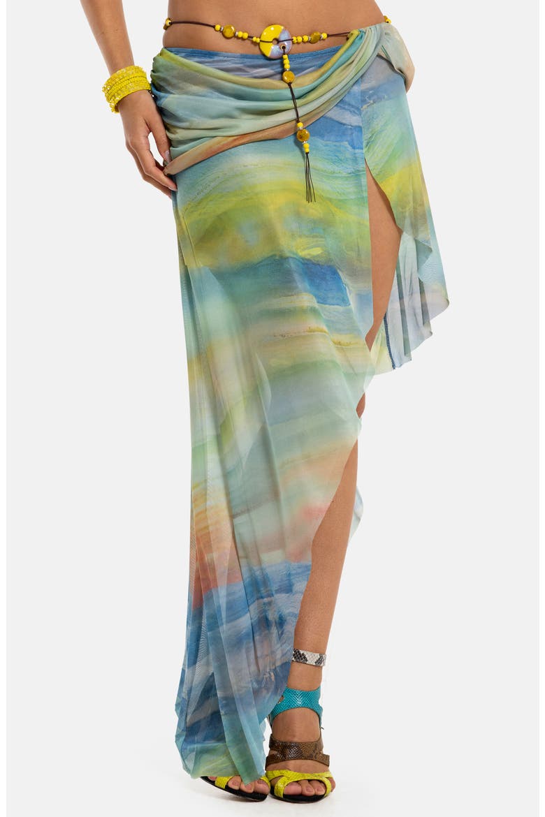 Beaded Belt Abstract Print Asymmetric Mesh Skirt, Alternate, color, MULTI