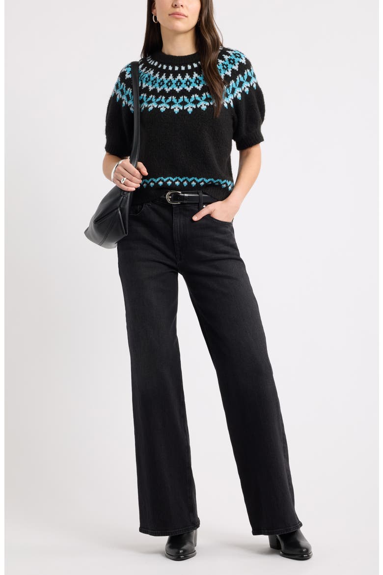 Fair Isle Short Sleeve Sweater, Alternate, color, BLACK- TEAL FAIRISLE