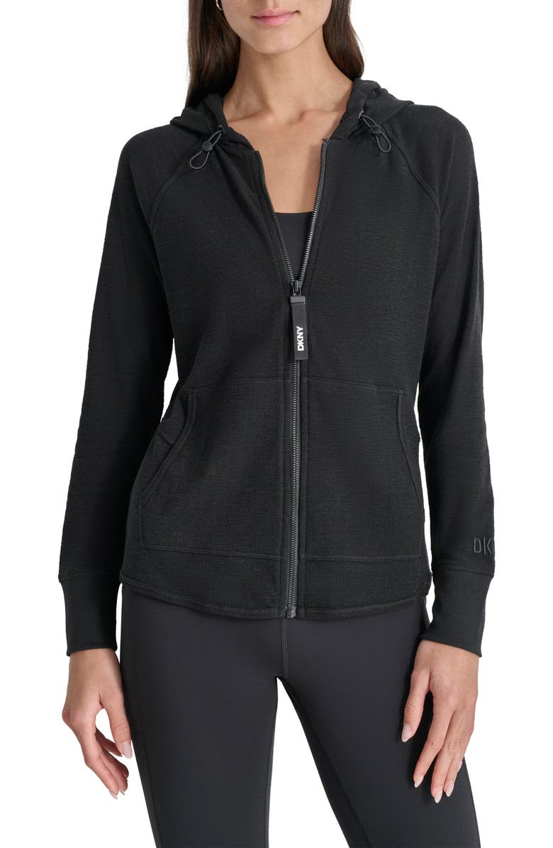 DKNY Slub Waffle Knit Zip Hoodie, Main, color, Black