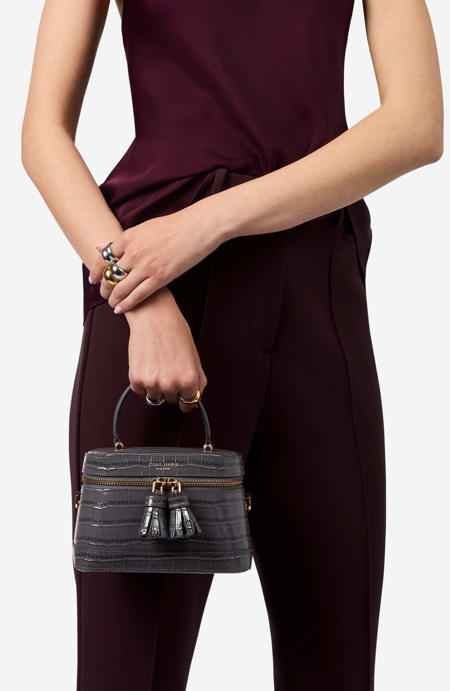 Fleur Croc Embossed Leather Vanity Bag, Alternate, color, BLACK CROCO PRINT