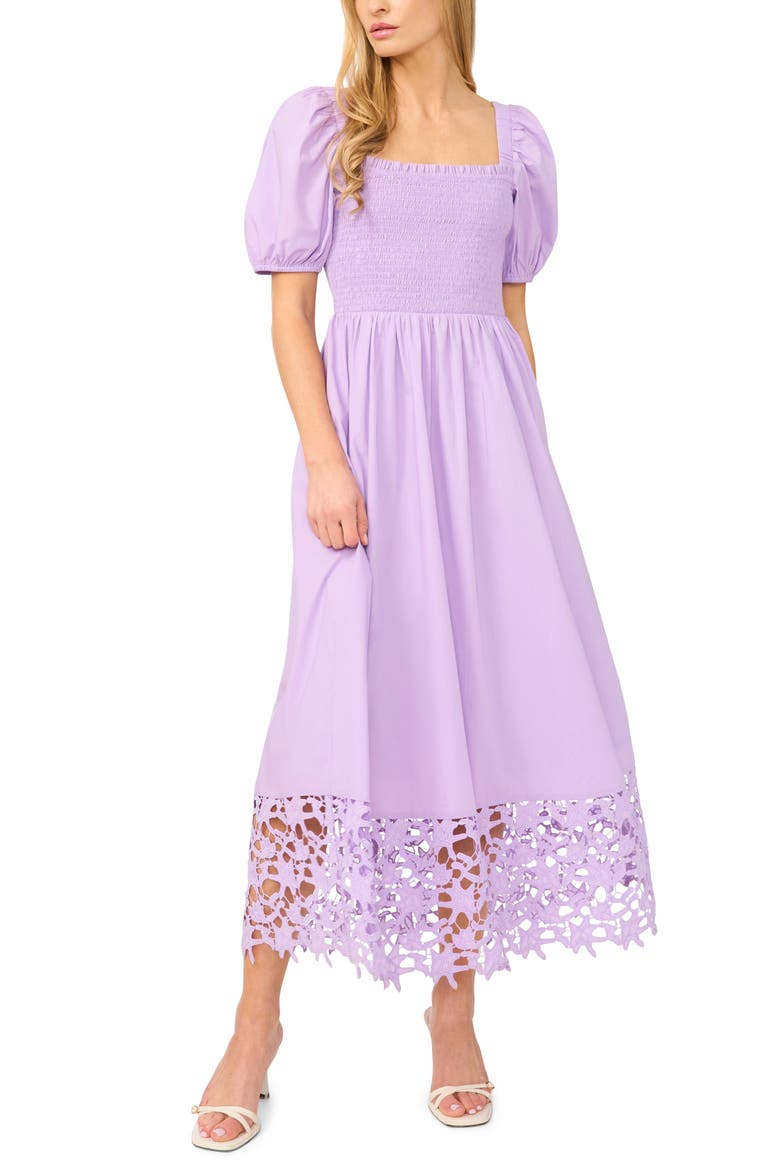 Smocked Cutout Puff Sleeve Midi Dress, Main, color, LILAC BREEZE