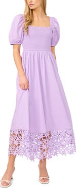 CeCe Smocked Cutout Puff Sleeve Midi Dress