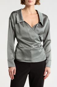 Renee C Faux Wrap Satin Top