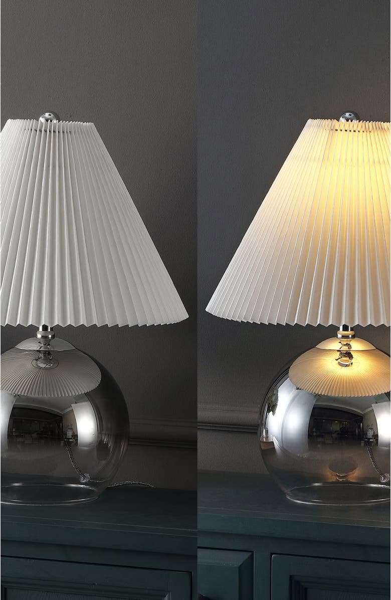 JONATHAN Y Louisa 22.5" Mid-Century Modern Round Glass/Iron Pleated Shade LED Table Lamp, Smoke Gradient/Chrome, Alternate, color, Smoke Gradient/Chrome