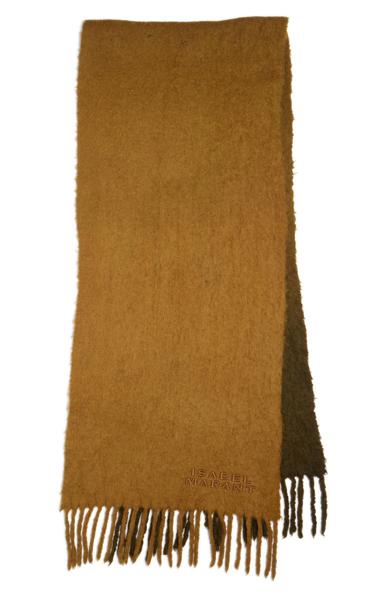 Isabel Marant Firna Logo Embroidered Fringe Scarf, Main, color, Khaki