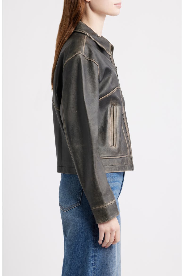 Distressed Leather Bomber Jacket, Alternate, color, BLACK