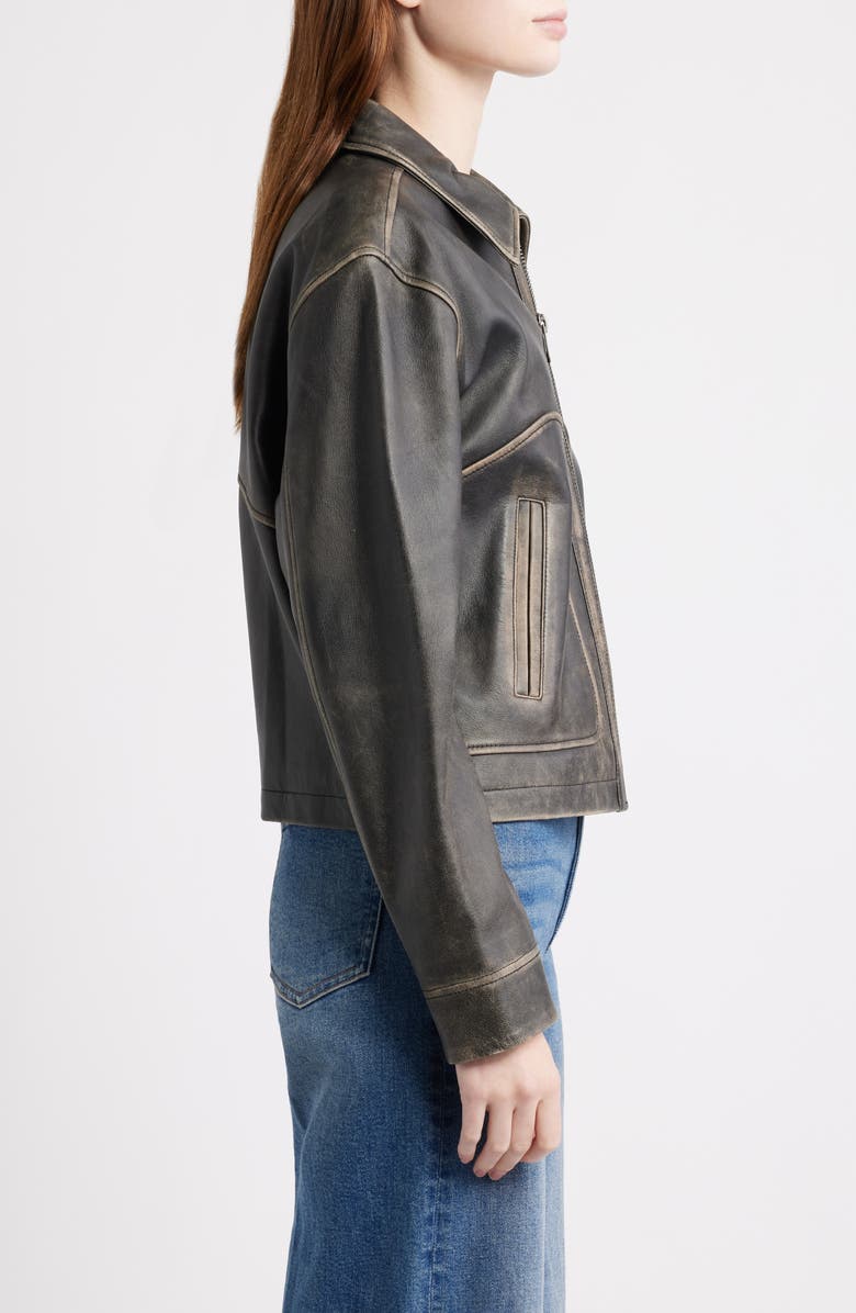 Frye Distressed Leather Bomber Jacket, Alternate, color, Black