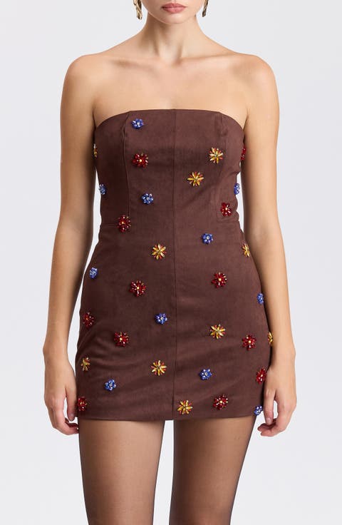 Gem Embellished Faux Suede Strapless Minidress
