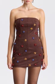 Avec Les Filles Gem Embellished Faux Suede Strapless Minidress