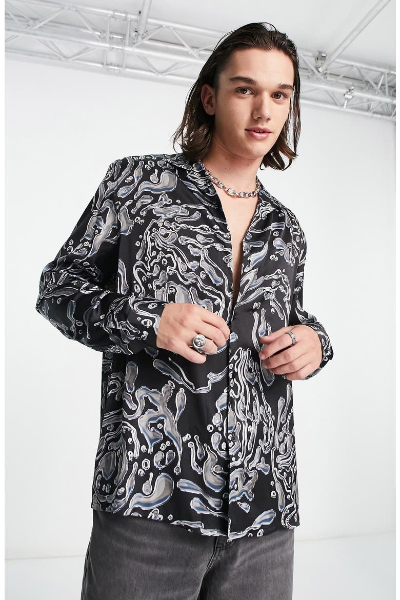 Relaxed Fit Metallic Button-Up Camp Shirt, Main, color, BLACK