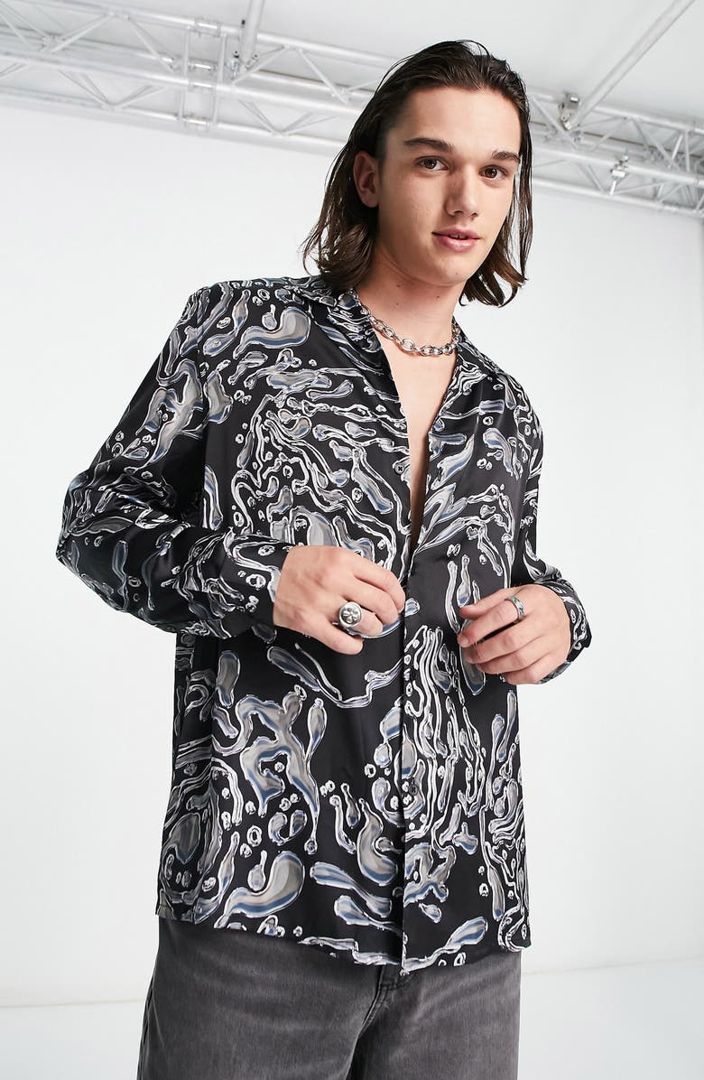 ASOS DESIGN Relaxed Fit Metallic Button-Up Camp Shirt, Main, color, 