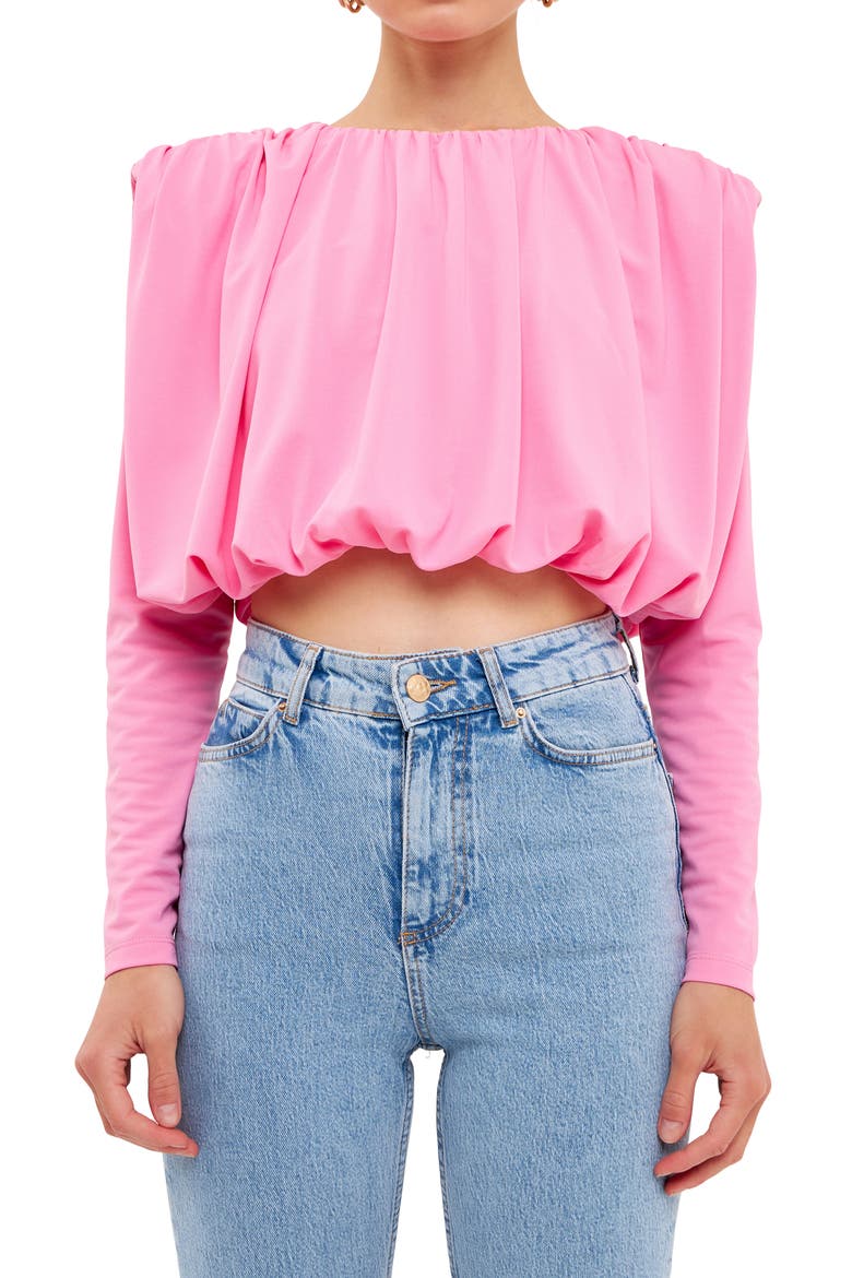 Shoulder Pad Pleat Crop Blouse, Main, color, PINK