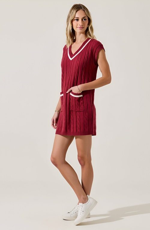 Modenaire Cable-knit Mini Sweater Dress With Pockets In Burgundy