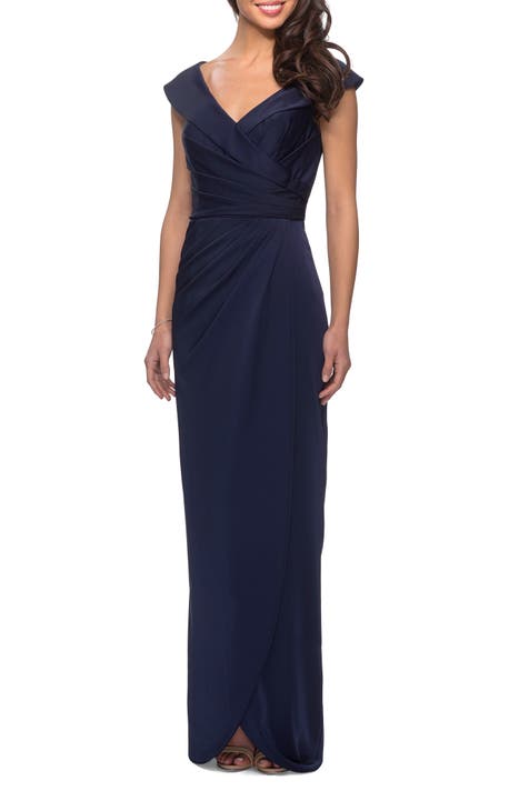 La hotsell Femme navy blue Off the Shoulder Ruched Satin Trumpet Gown 8