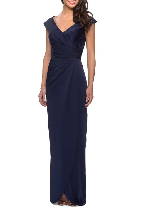 Long Jersey Dress with Ruching and Cap Sleeves
