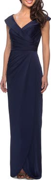 La Femme Long Jersey Dress with Ruching and Cap Sleeves