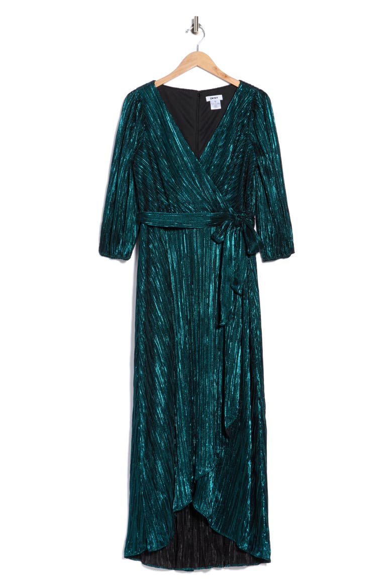Balloon Sleeve Plissé Faux Wrap Dress, Main, color, BLACK/ TEAL
