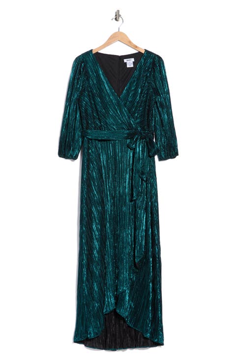 Balloon Sleeve Plissé Faux Wrap Dress