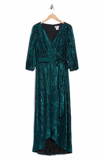 Balloon Sleeve Plissé Faux Wrap Dress