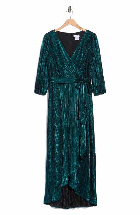 Balloon Sleeve Plissé Faux Wrap Dress