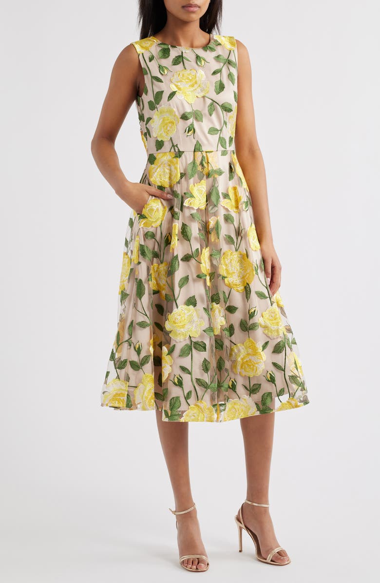 Tahari ASL Floral Embroidered Sleeveless Dress, Main, color, 