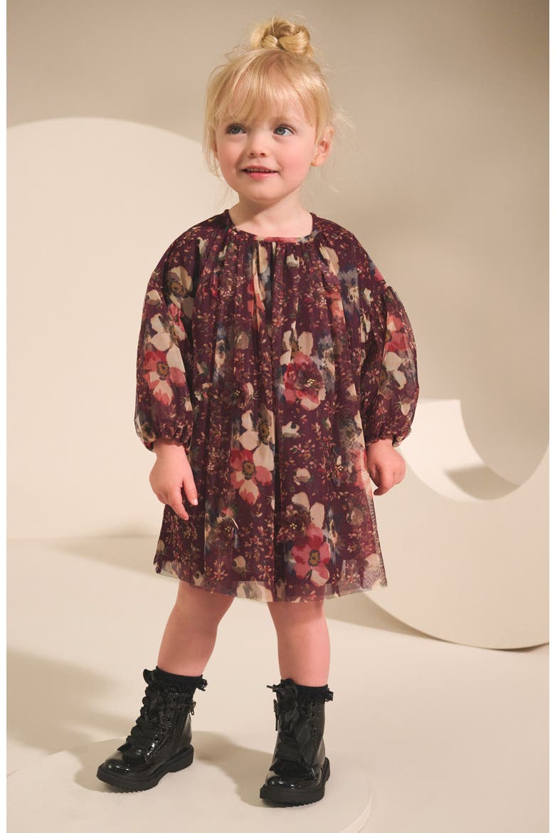Kids' Floral Long Sleeve Mesh Dress, Alternate, color, PURPLE