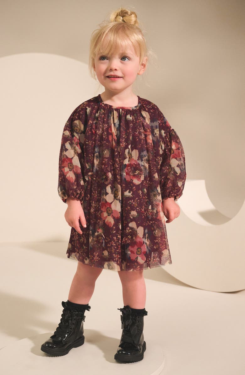 NEXT Kids' Floral Long Sleeve Mesh Dress, Alternate, color, Purple