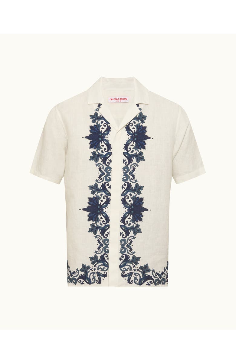 Orlebar Brown Maitan Linen Relaxed Fit Linen Mirabello Border Shirt, Main, color, White/Night Iris