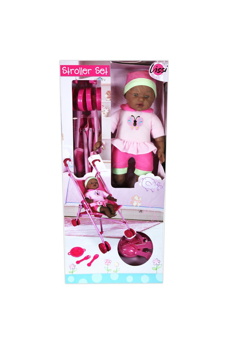 Umbrella Stroller & 16 Inch African American Doll, Pink & Green Butterfly, Alternate, color, Multicolored