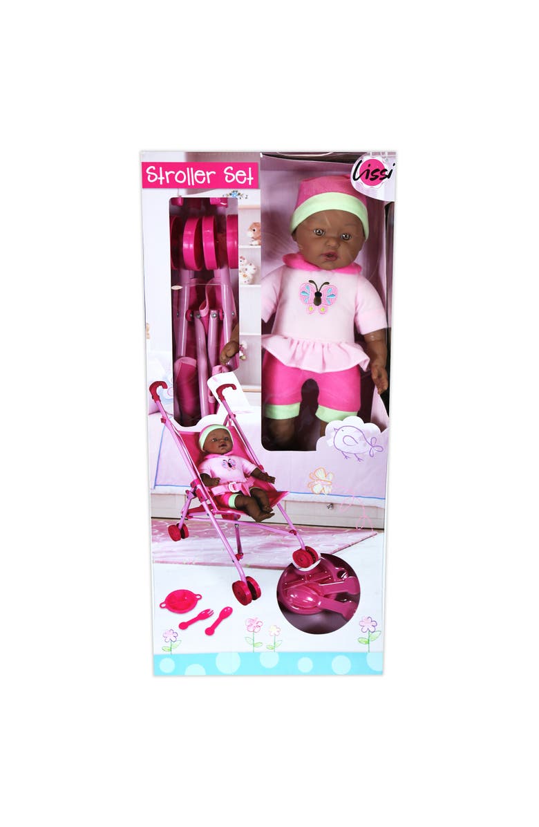Lissi Umbrella Stroller & 16 Inch African American Doll, Pink & Green Butterfly, Alternate, color, Multicolored