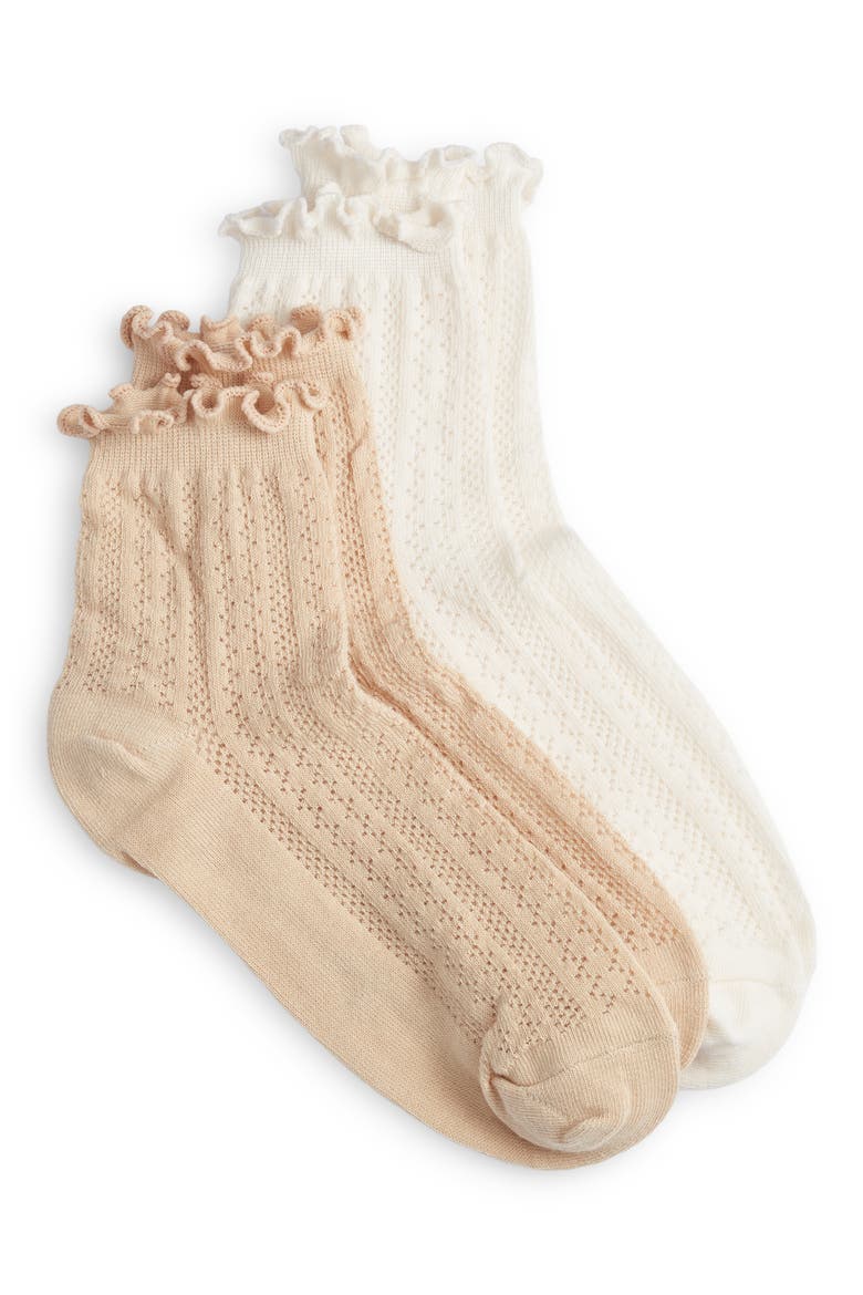 Assorted 2-Pack Pointelle Stripe Socks, Main, color, WHITE & BEIGE