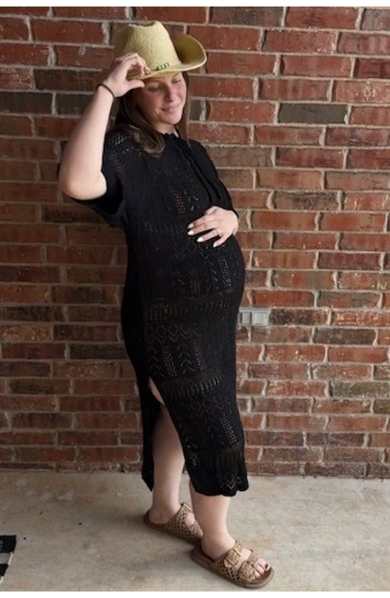 PinkBlush Open Knit Front Tie Side Slit Midi Swim Cover Up, Alternate, color, Black