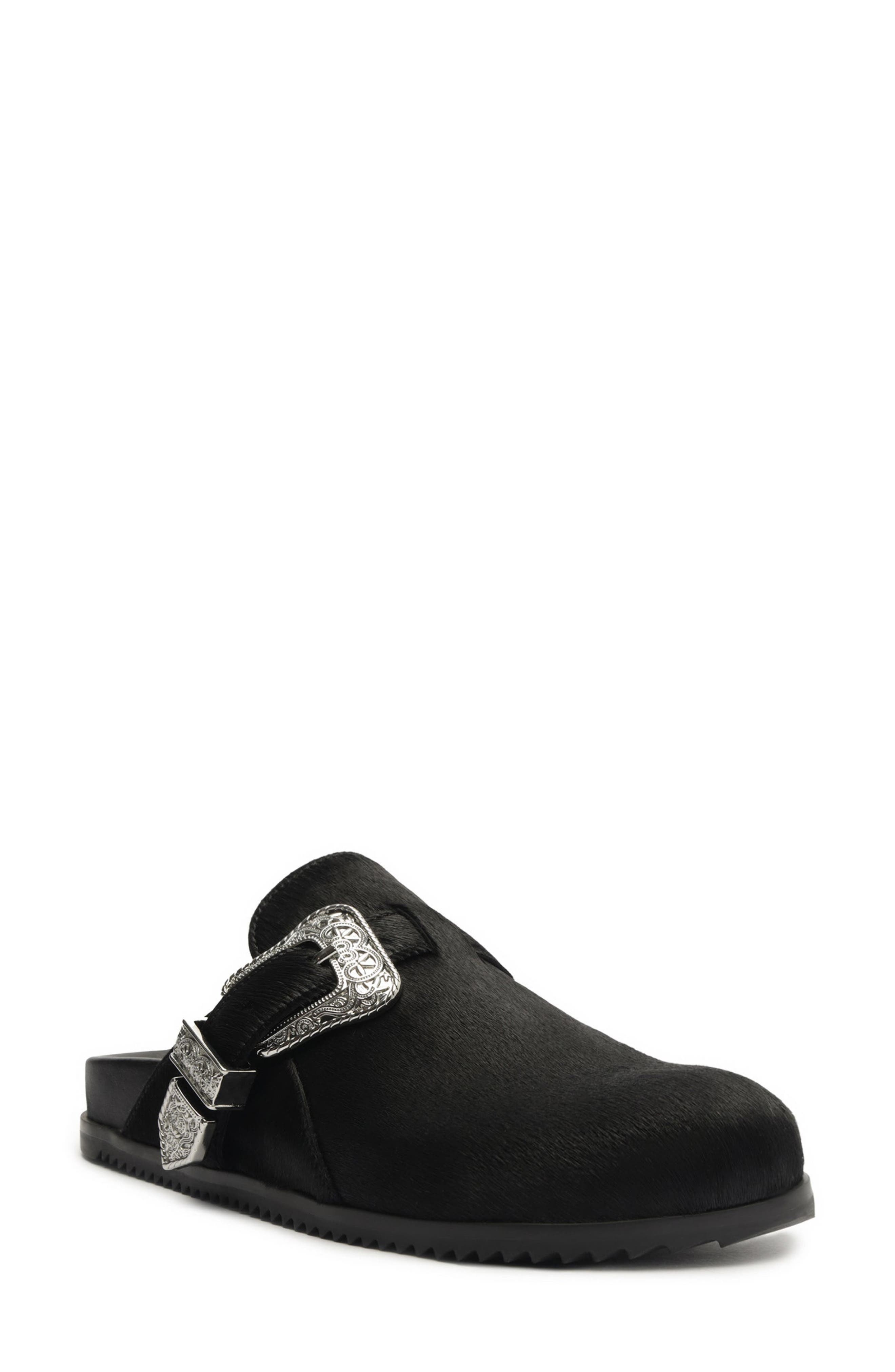 Schutz Grace Buckle Genuine Calf Hair Clog, Main, color, Black