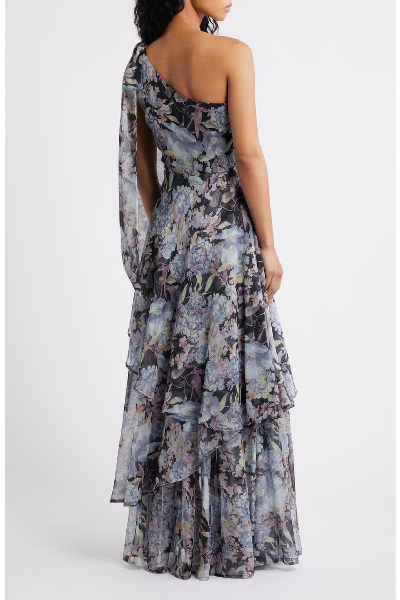 Amara Floral One-Shoulder Gown, Alternate, color, GREY MULTI