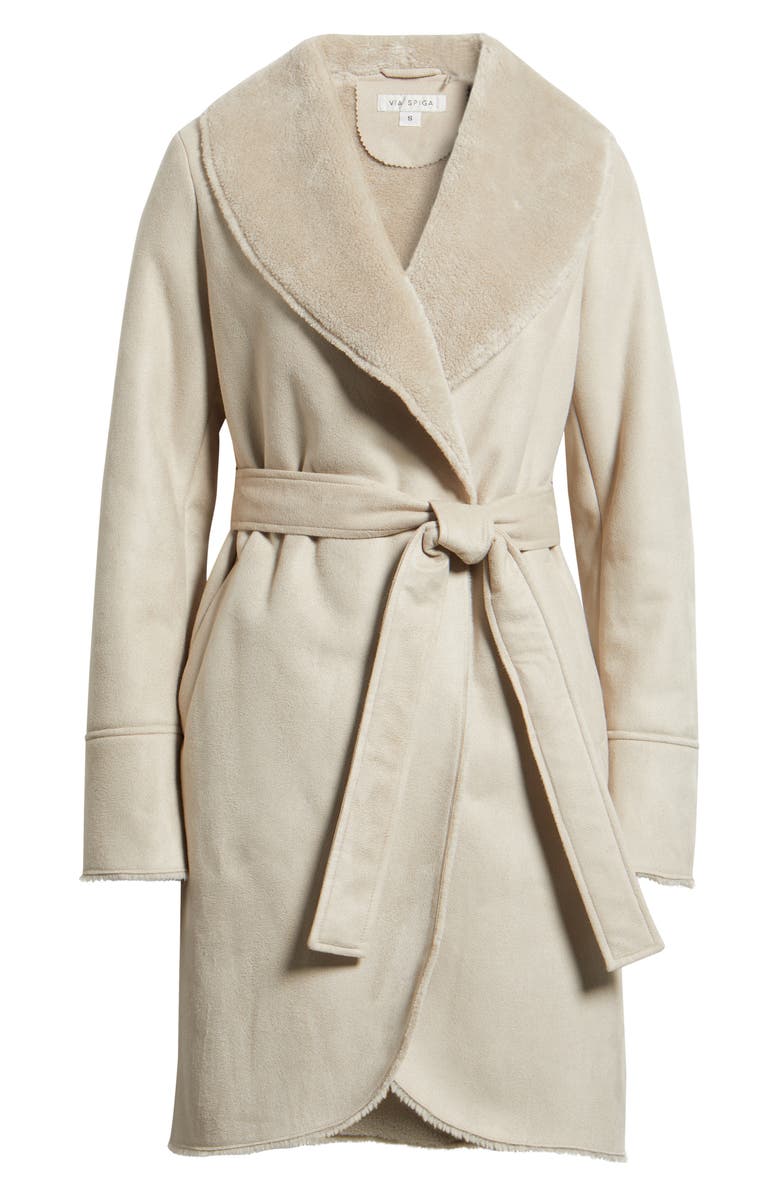 Via Spiga Belted Faux Shearling Coat, Alternate, color, Light Grey