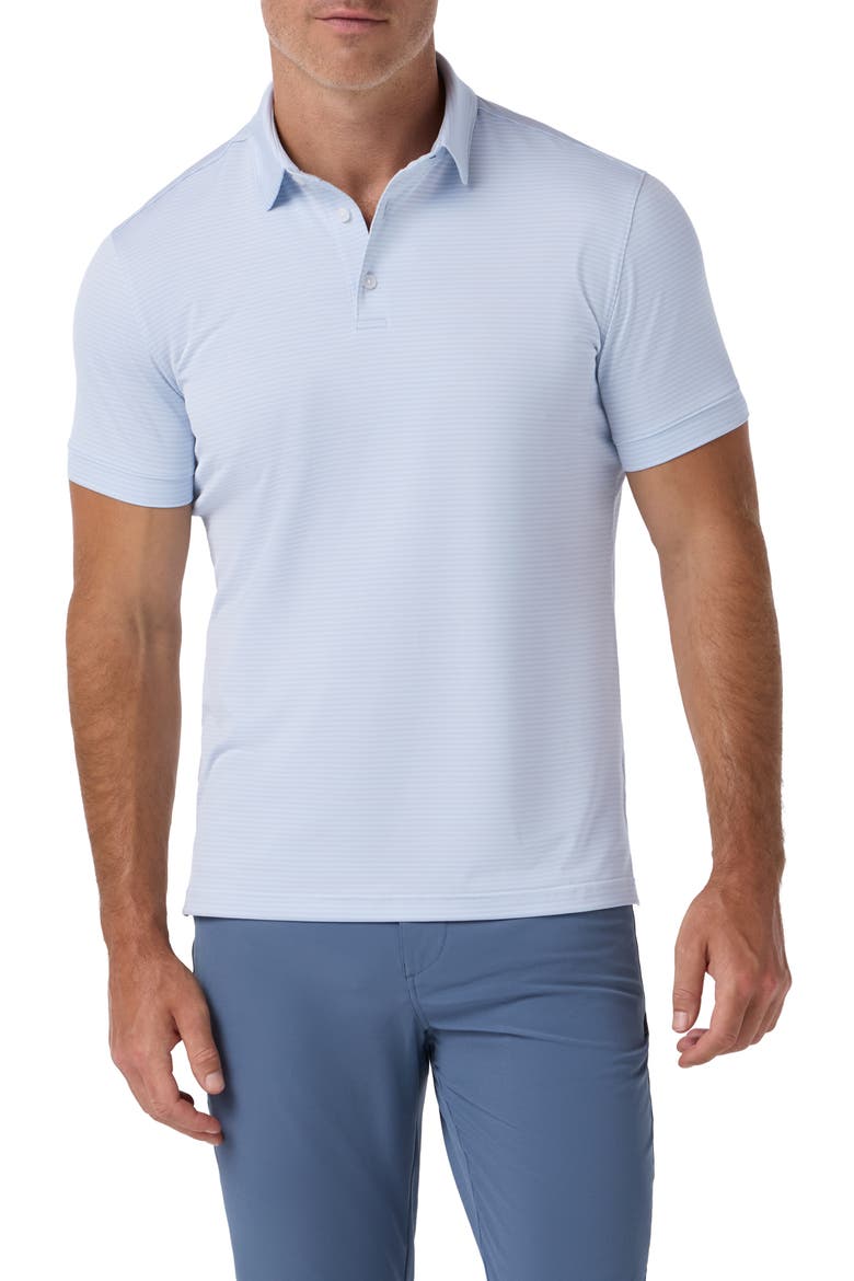 Halyard Trim Fit Stripe Short Sleeve Performance Button-Up Shirt, Main, color, ALUMINUM BALANCED STRIPE