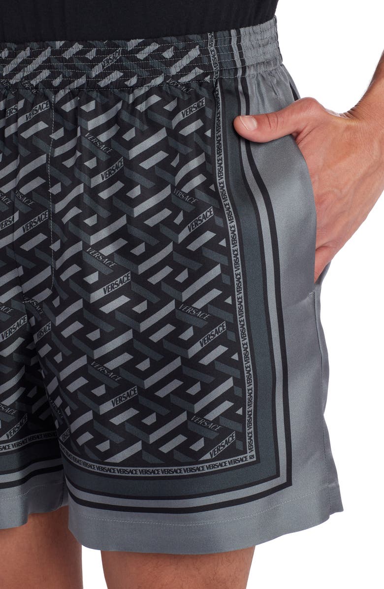 Versace La Greca Monogram Print Silk Twill Shorts, Alternate, color,