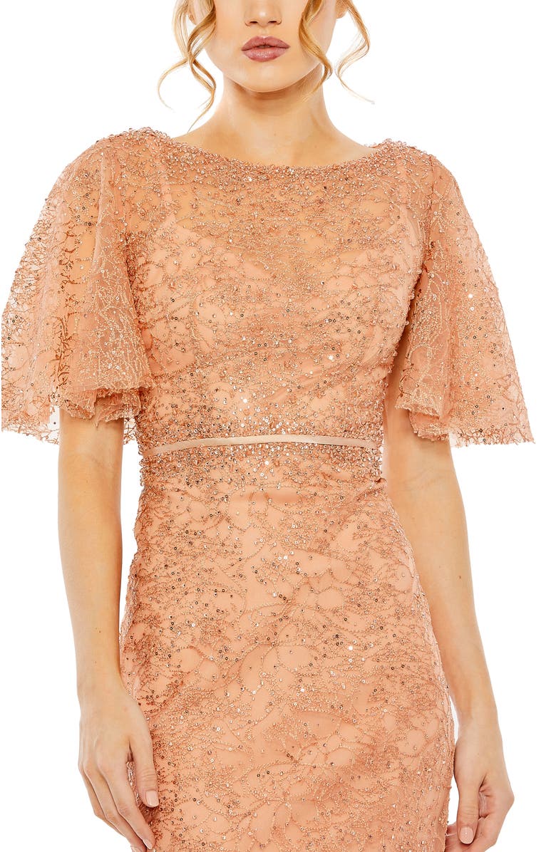 Mac Duggal Embellished Neck Butterfly Sleeve Trumpet Gown, Alternate, color, Cinnamon